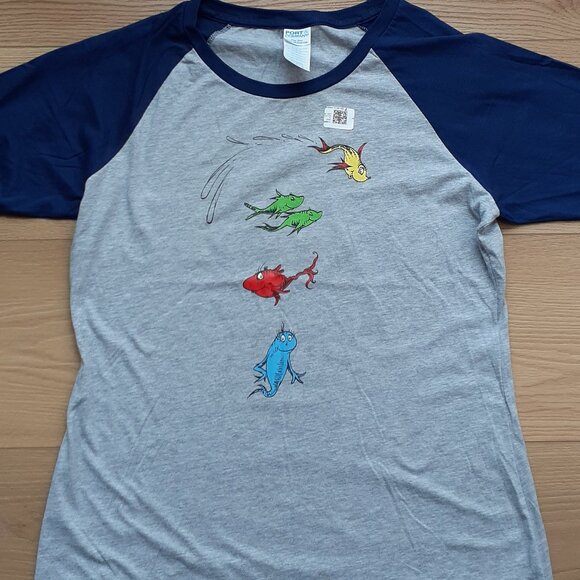 One Fish Two Fish Red Fish Blue Fish - New Navy Blue & Grey Baseball Tee T-Shirt - Picture 2 of 5